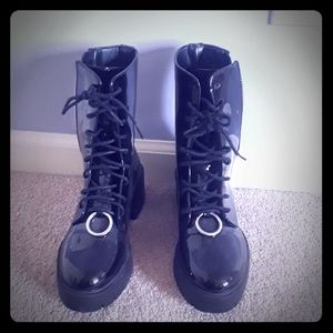 Patent faux leather boots